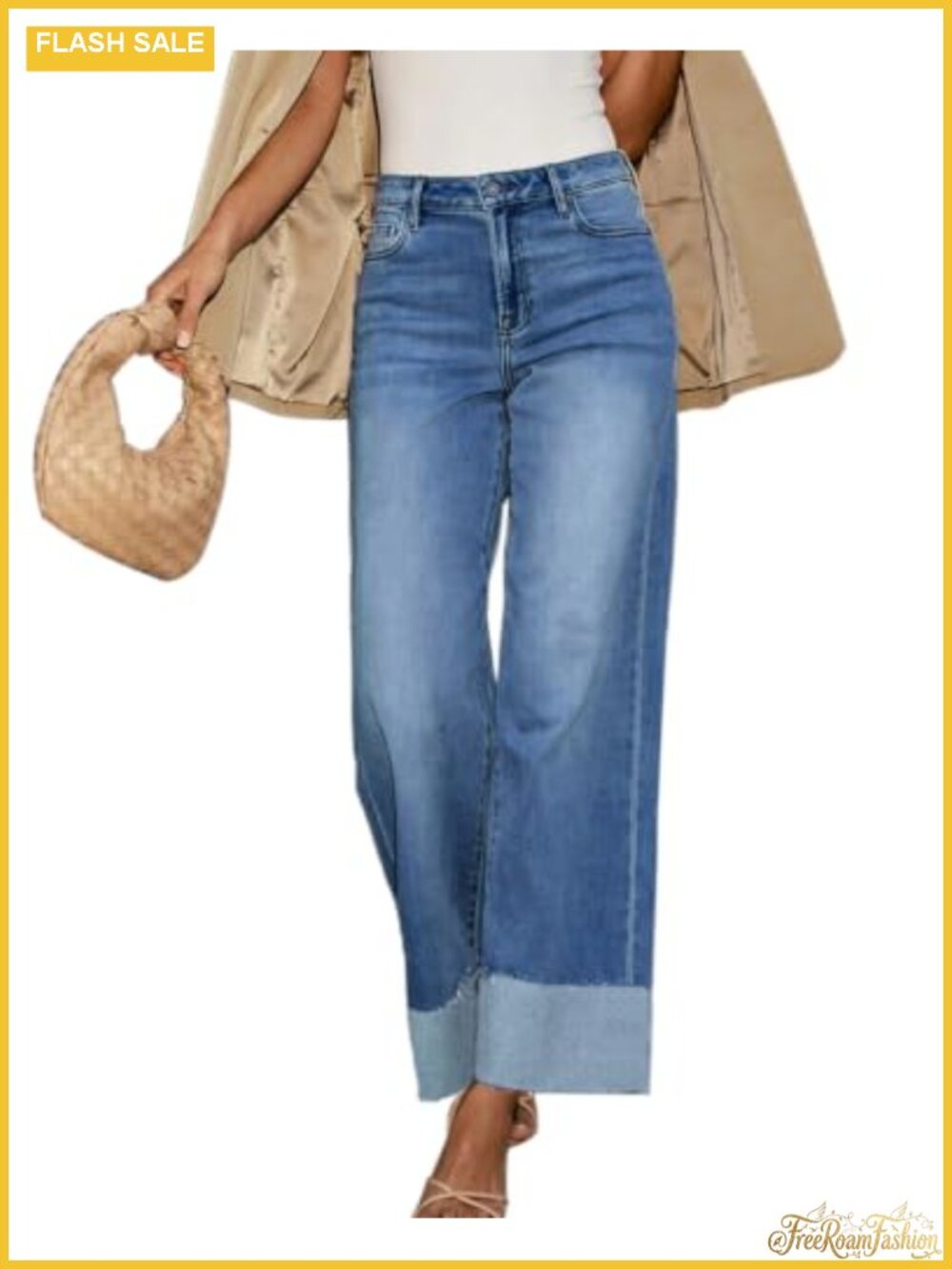 High Waisted Wide Leg Cuffed Jeans for Women Raw Hem Stretch Denim